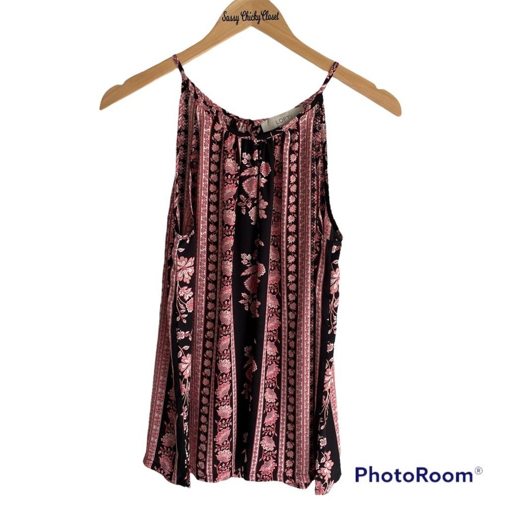 LOFT Black and Pink Ladies Floral Career Floral Sleeveless Blouse, S